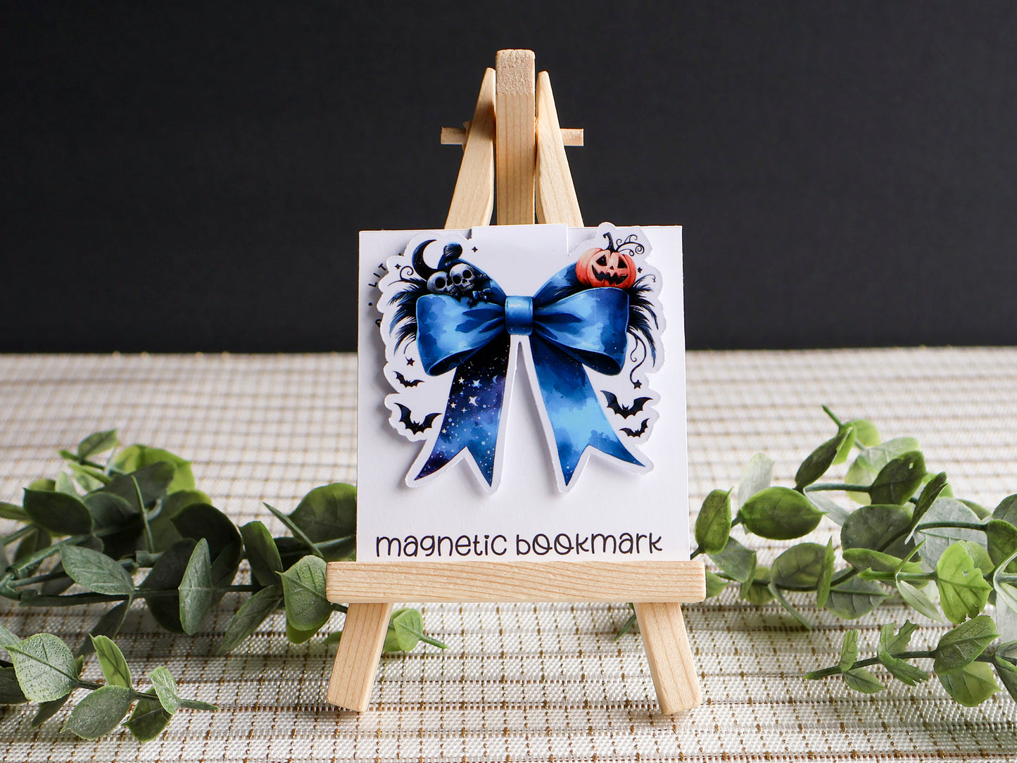 Royal Blue Bow with Skeleton, Bats, Pumpkins