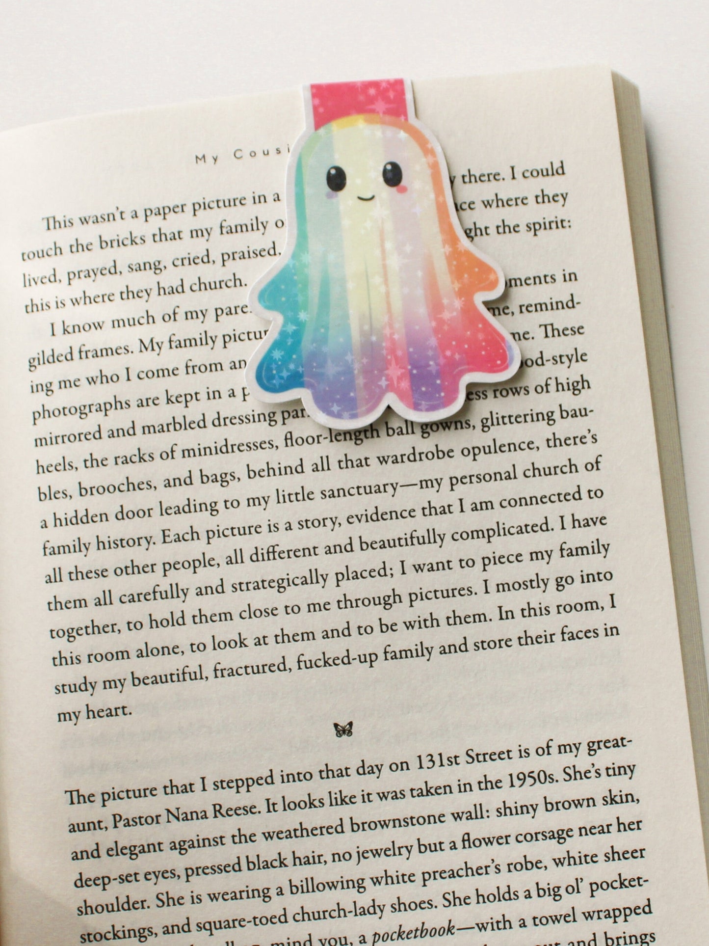 Holographic magnetic bookmark featuring cute rainbow ghost