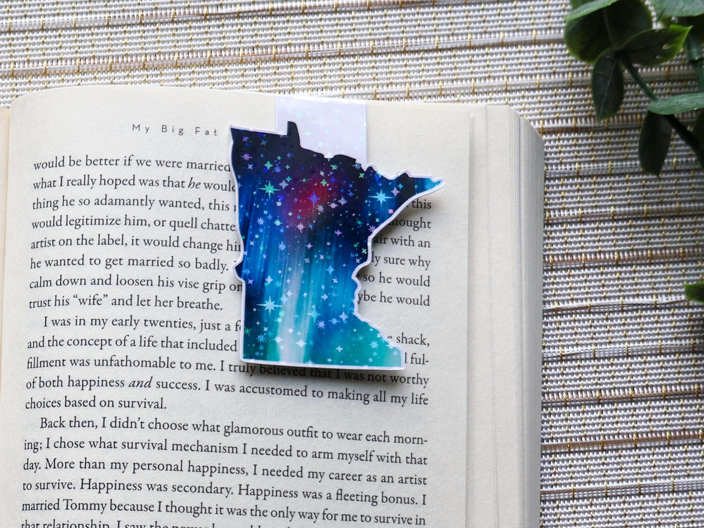 Holographic magnetic bookmark featuring Minnesota state outline with northern lights